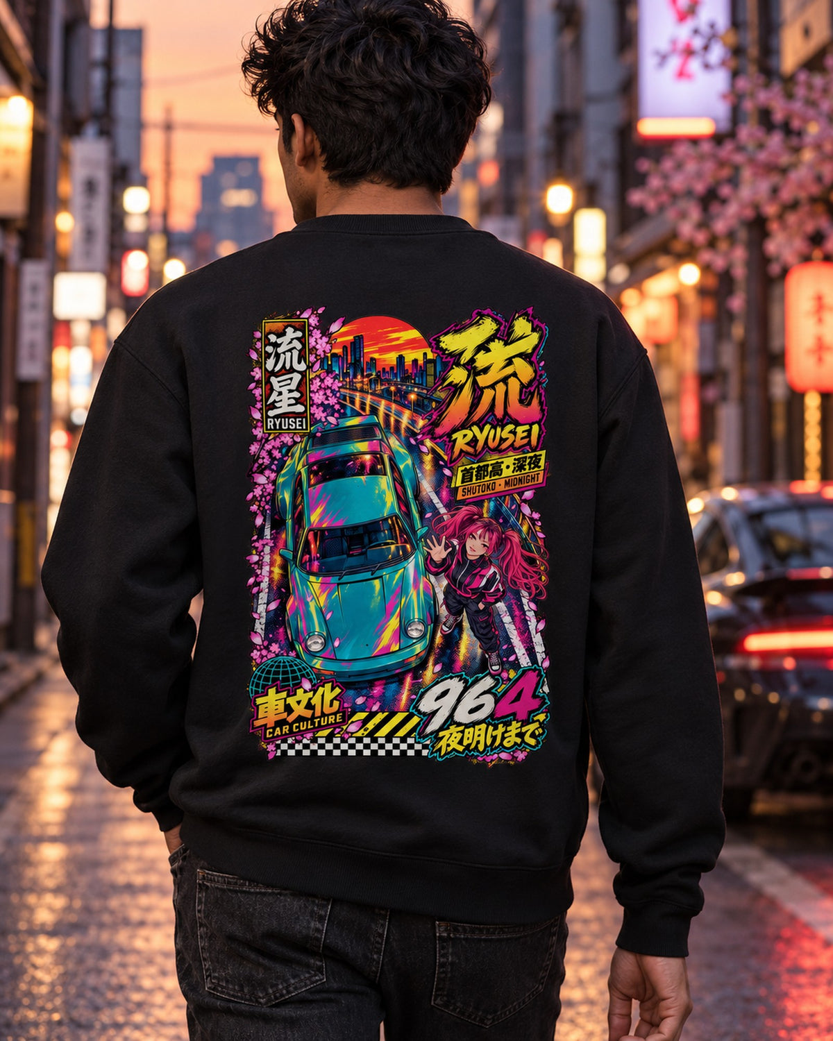RYUSEI 964 Anime Girl Full-Back Graphic Tee Crewneck Black worn hero