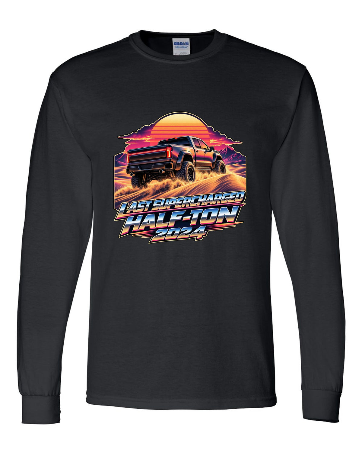 Retro 80s sunset print of a Ram 1500 TRX Final Edition on dunes black long sleeve front view with the design