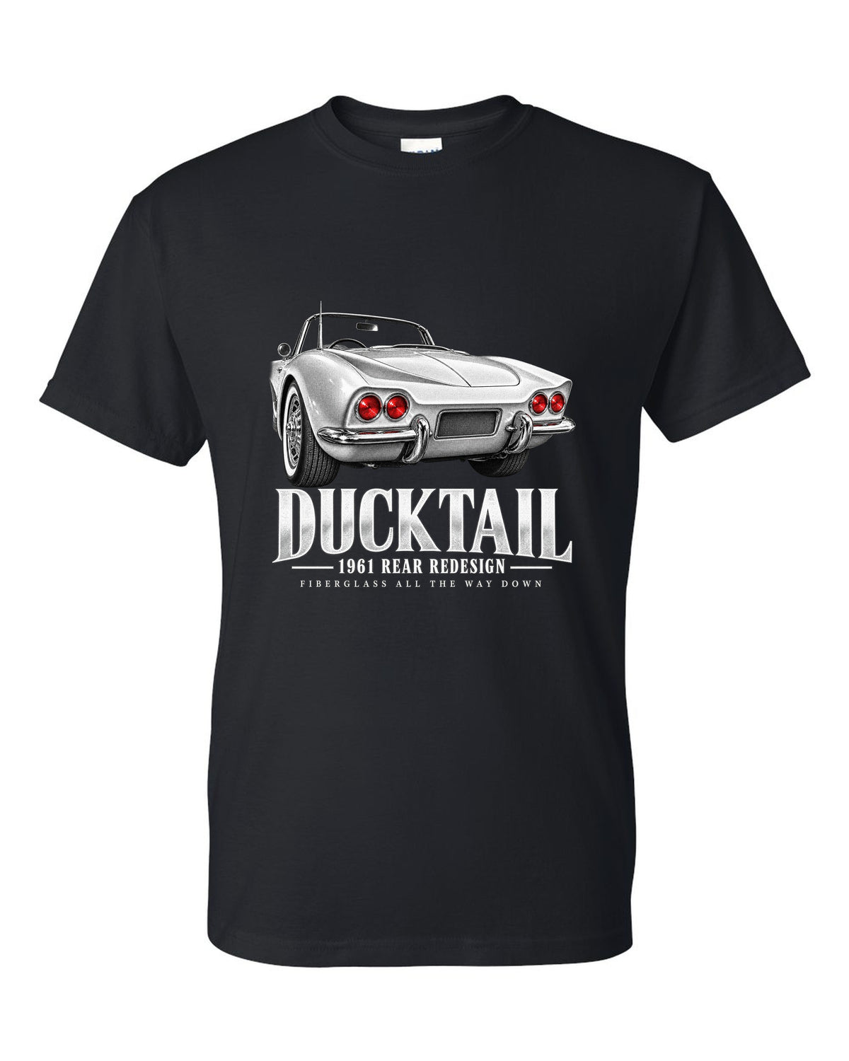 Chevrolet Corvette C1 1961 rear ducktail detail print black t-shirt front view with the design