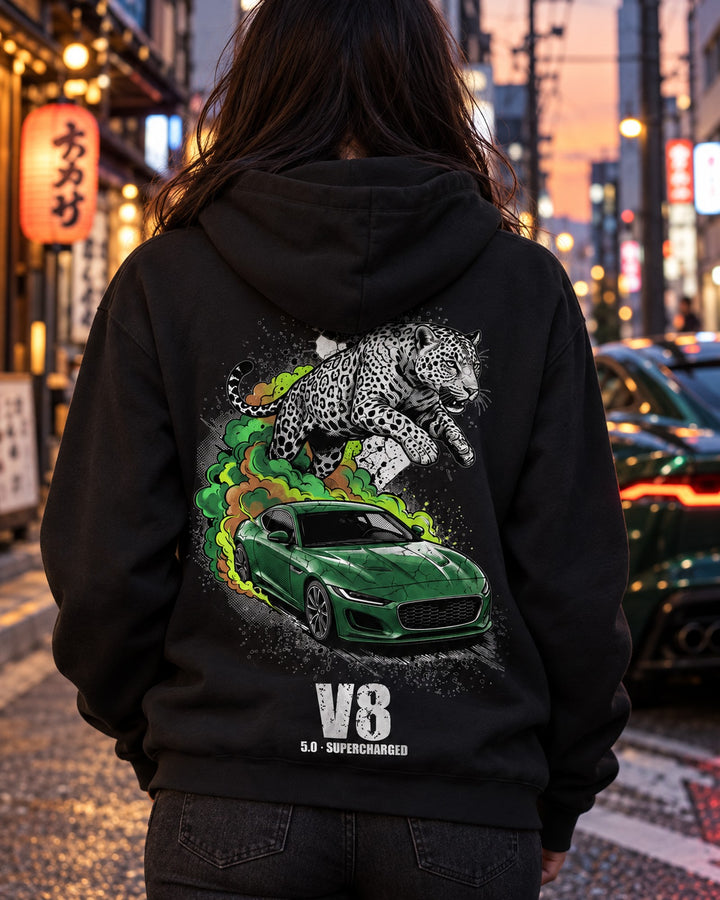 Jaguar F-Type Leaper Pull Over Hoodie & Zip Hoodie Zip Hoodie Black worn hero