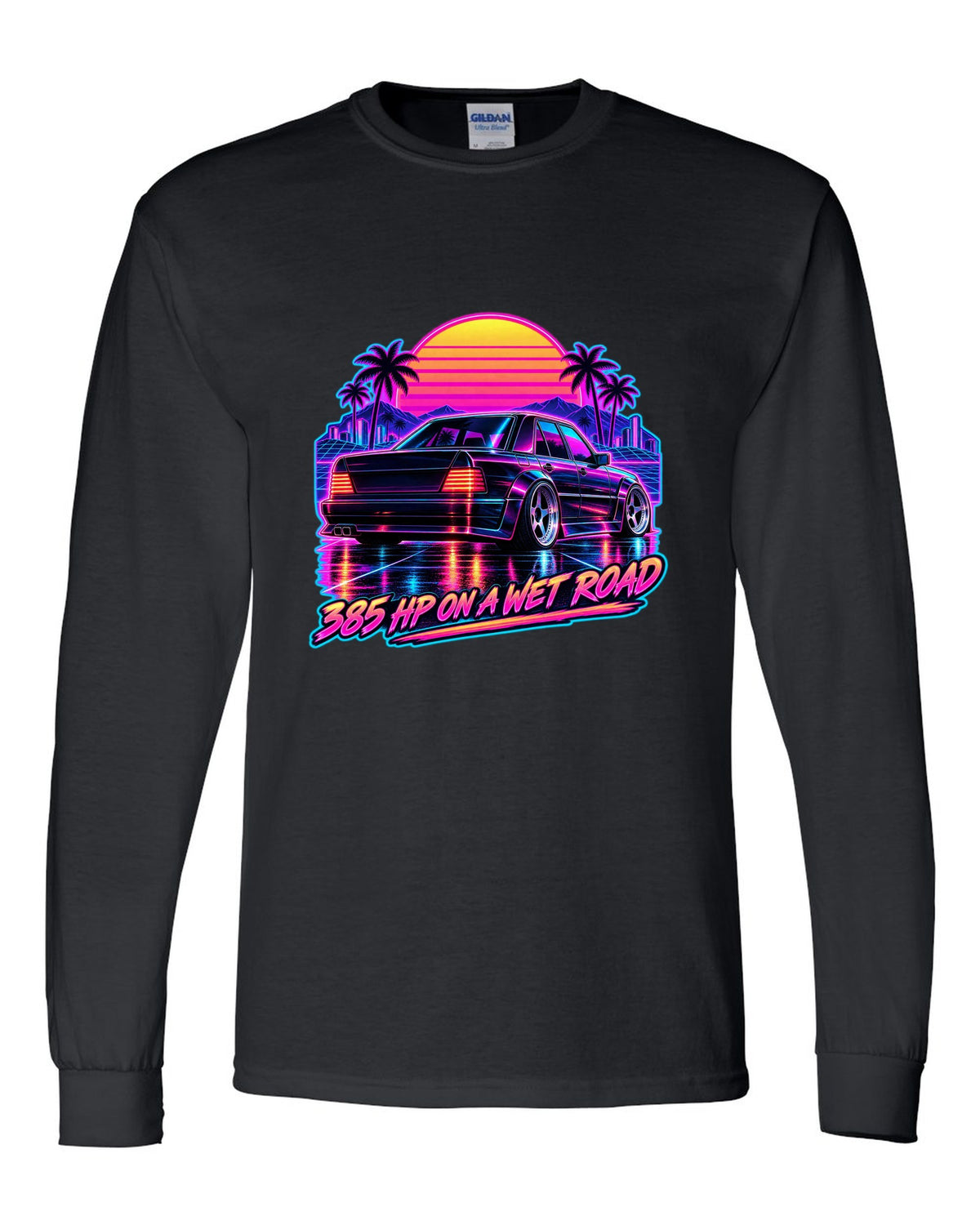 Synthwave outrun print of Mercedes 300E Hammer W124 taillights on a wet road black long sleeve front view with the design