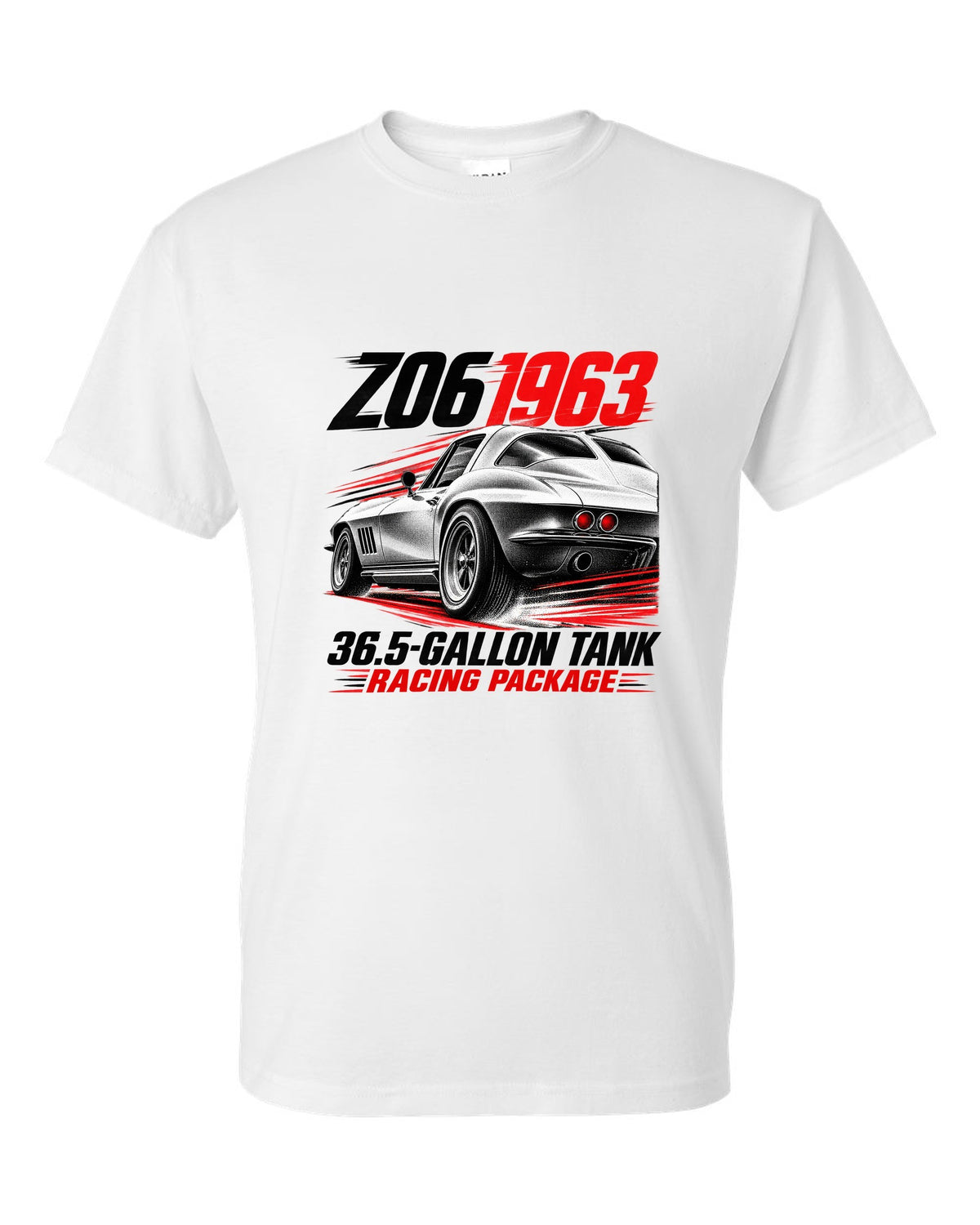 Corvette C2 Sting Ray 1963 Z06 racing package race poster white t-shirt front view with the design