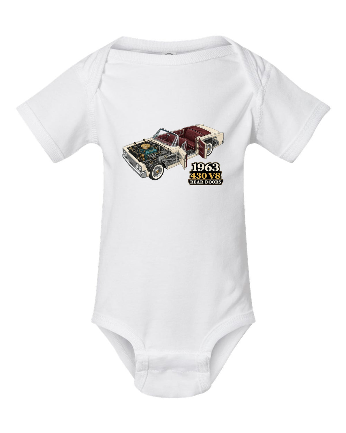 1963 Lincoln Continental four-door convertible isometric cutaway diagram white baby onesie front view with the design