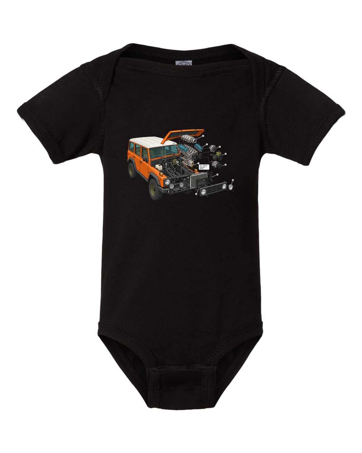 Jeep Wrangler JK V6 exploded engine bay diagram with oil cooler housing drips labels black baby onesie front view with the design