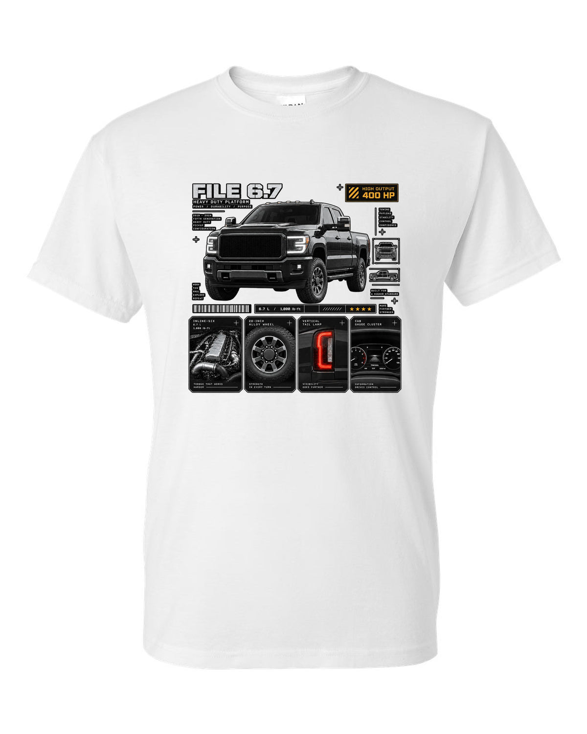 Dossier print of a 2019-24 Ram HD 2500 5th gen in a three-quarter front view white t-shirt front view with the design
