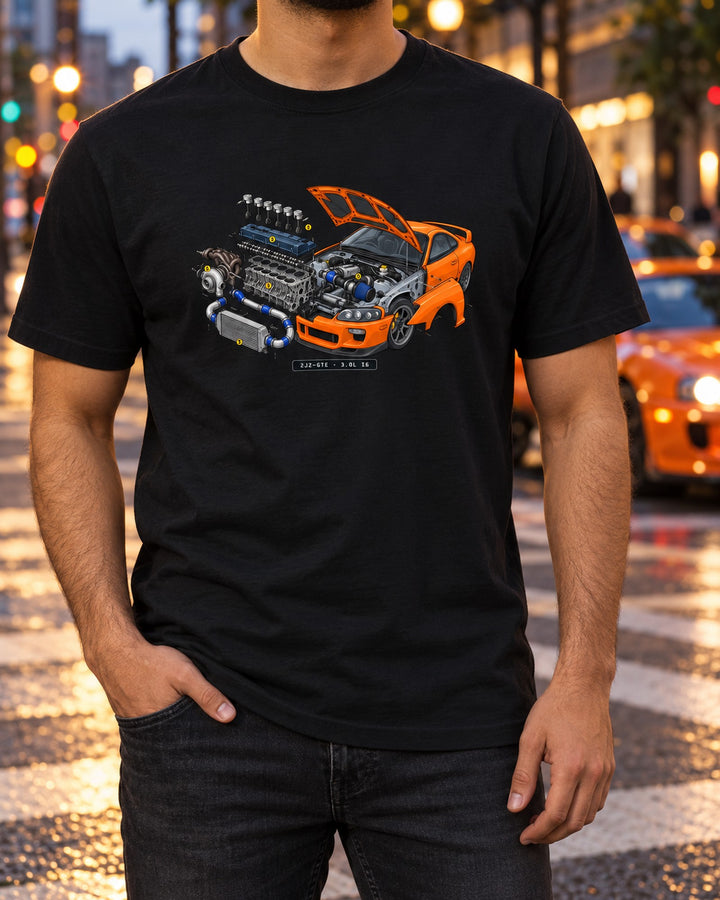 2JZ-GTE Supra JZA80 Isometric Exploded Engine View Shirt T-Shirt Black worn hero