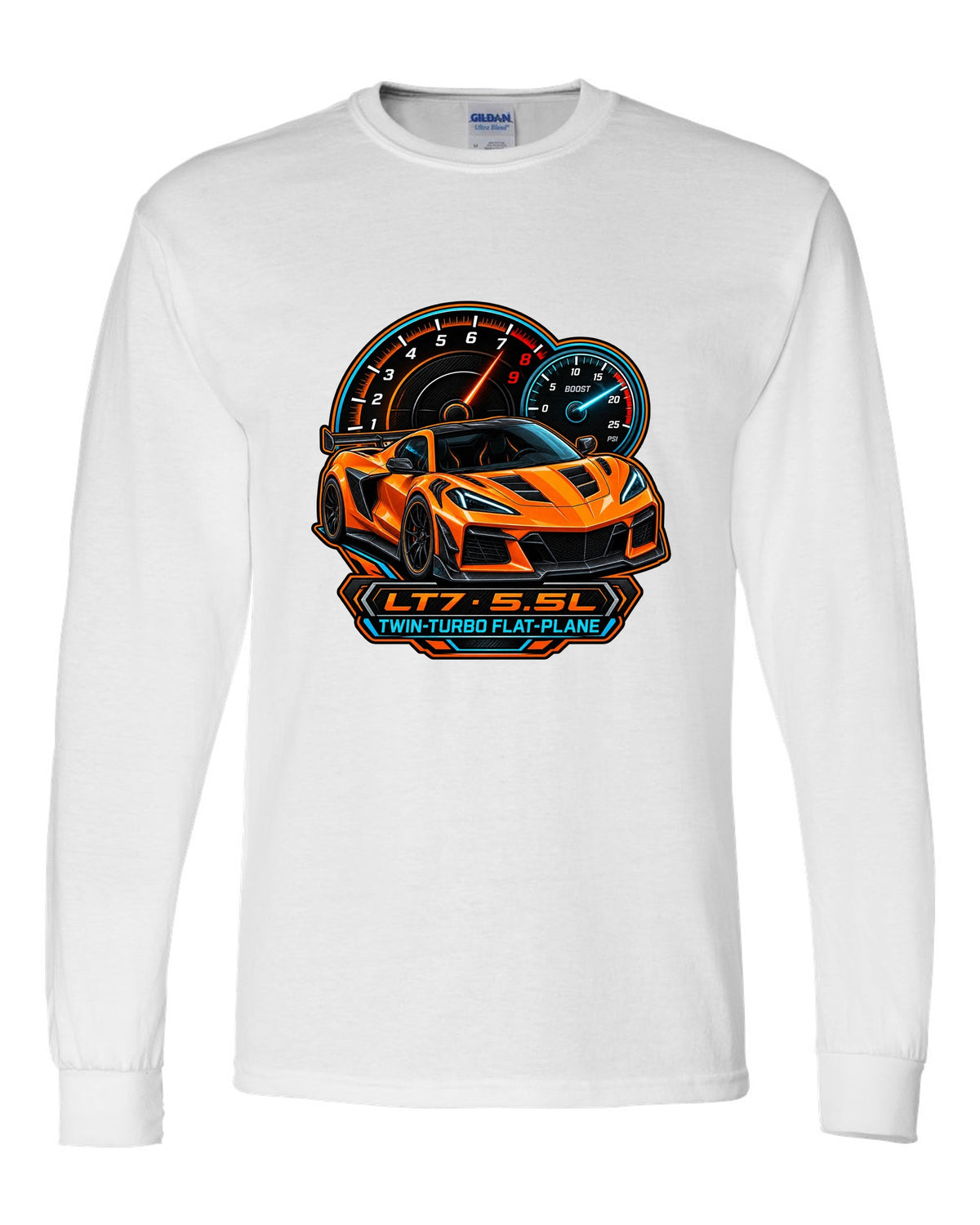 Embroidery-style varsity crest of a 2023 C8 Corvette Z06 with LT7 engine lettering white long sleeve front view with the design