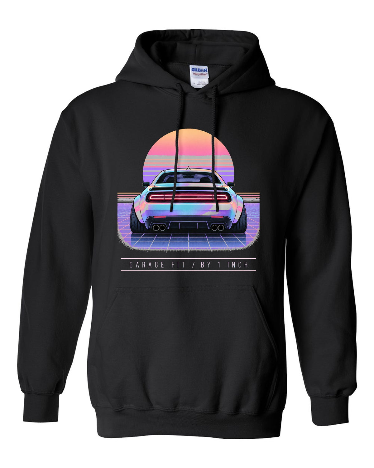 Vaporwave pastel print of a 2021 Dodge Challenger Scat Pack Widebody with garage fit text black pull over hoodie front view with the design