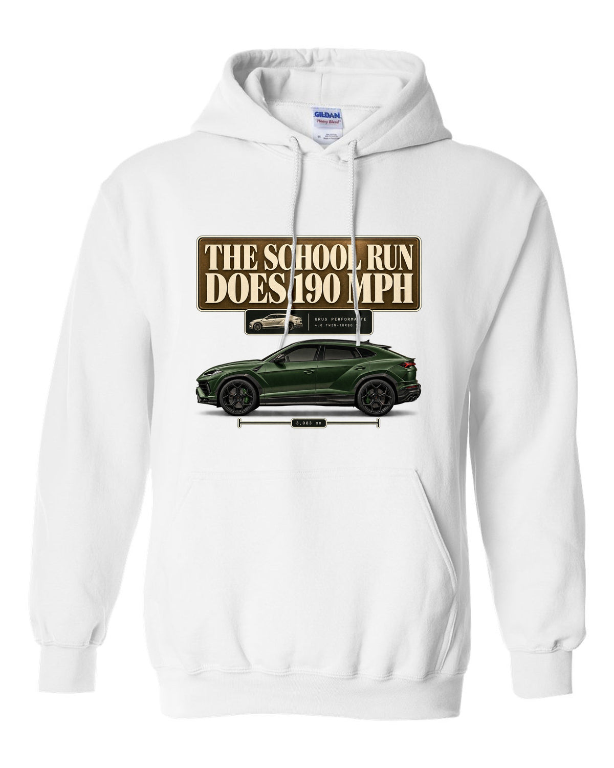 Lamborghini Urus Performante editorial headline print reading the school run does 190 mph white pull over hoodie front view with the design