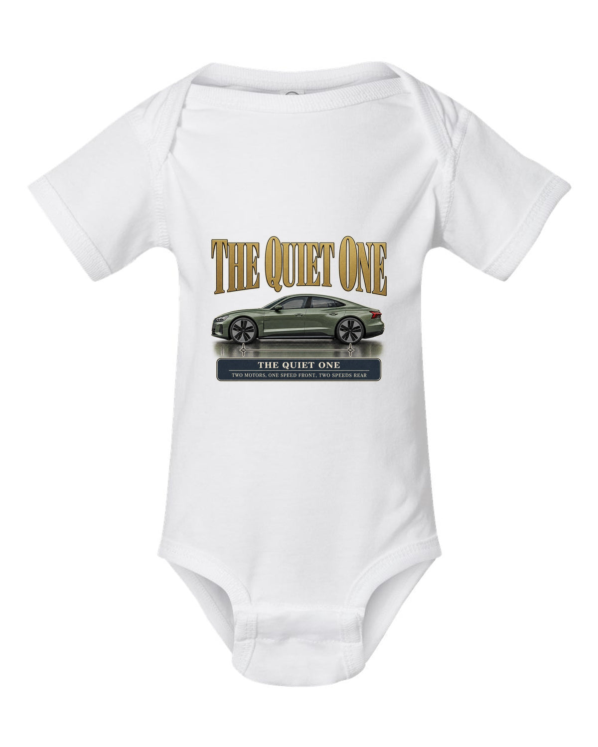 Audi e-tron GT quattro profile editorial headline print design white baby onesie front view with the design