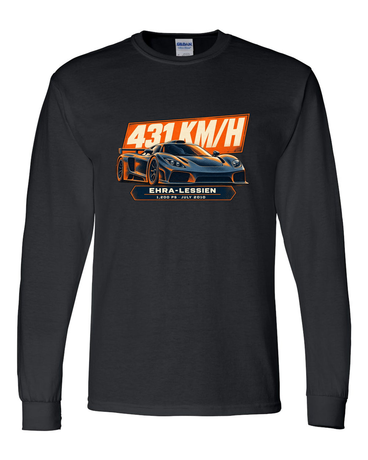 Halftone poster-style Bugatti Veyron 16.4 Super Sport with record-run text on the front of a tee black long sleeve front view with the design