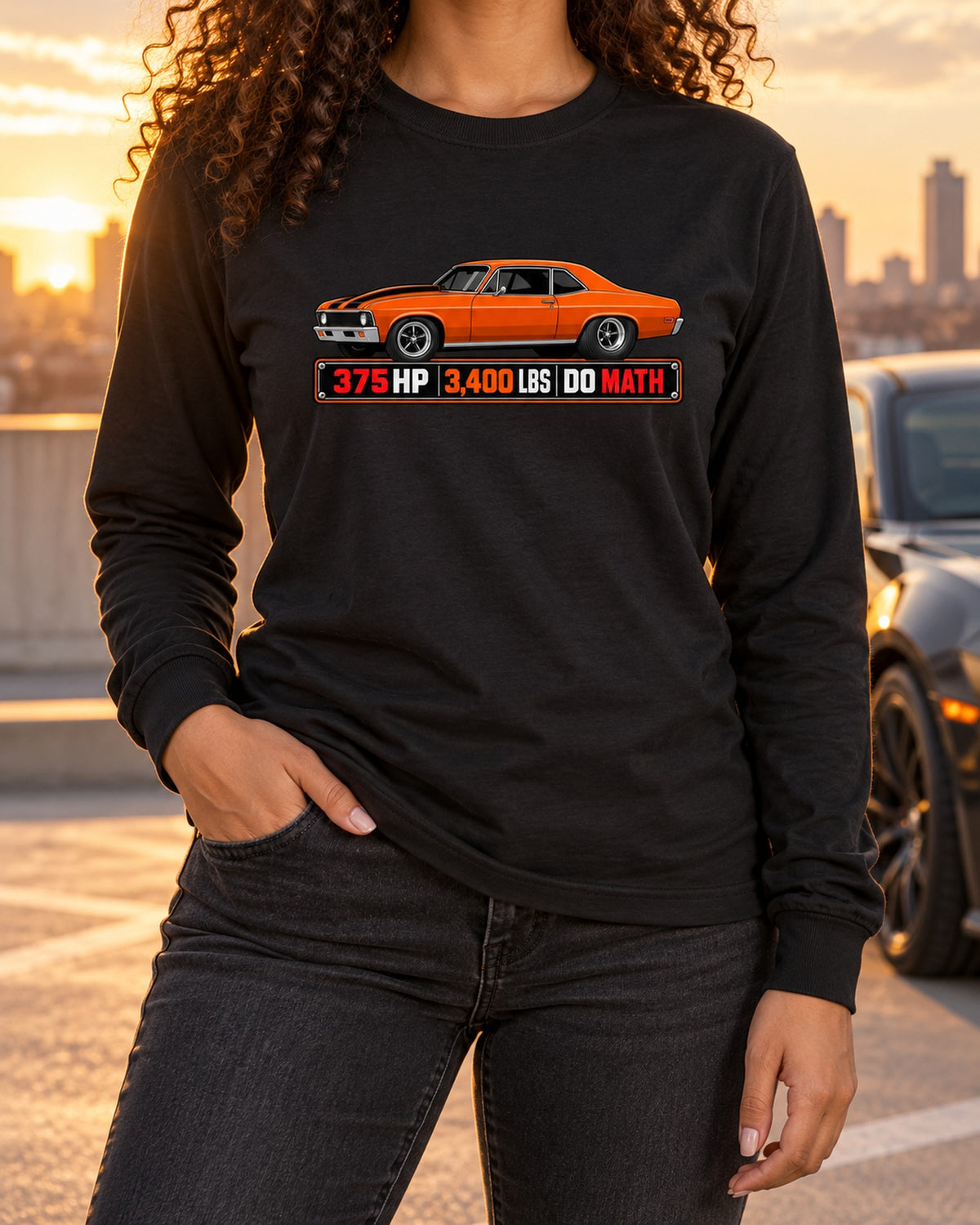 1970 Nova SS 396 Spec Sheet Shirt, 375 HP 3,400 LBS Tee Long Sleeve Black worn hero