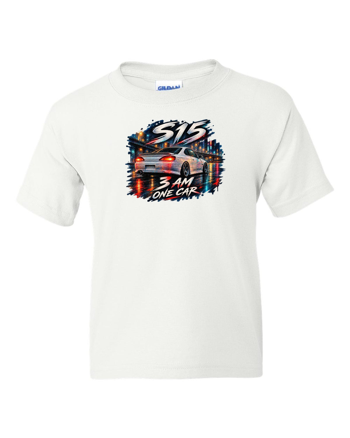 Watercolour wet-road night scene of a Nissan Silvia S15 at 3 AM white kids tee front view with the design