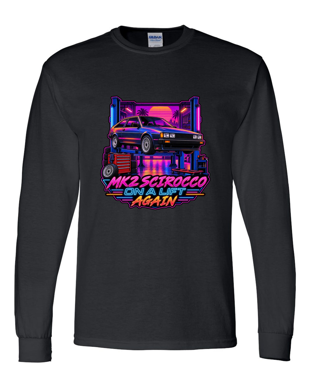 Synthwave outrun style VW Scirocco Mk2 with Mk2 Scirocco on a lift again text black long sleeve front view with the design
