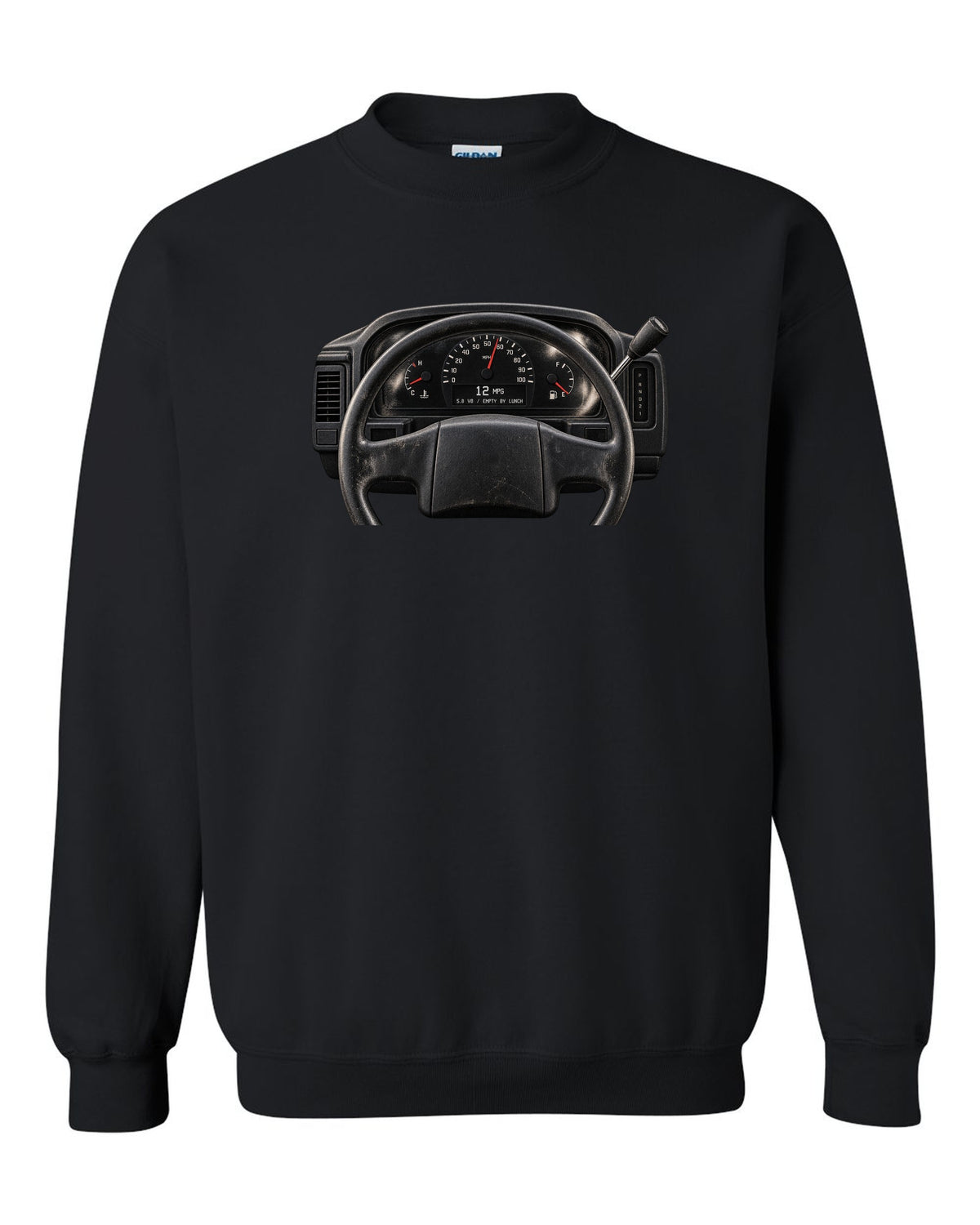 Gauge cluster print of a 1992-96 Ford Bronco OBS with 5.8 V8 and 12 MPG text black crewneck front view with the design
