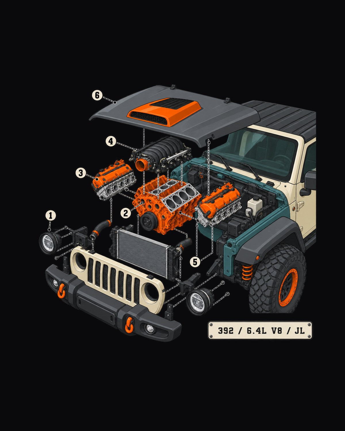 Jeep Wrangler JL Rubicon 392 6.4L V8 Exploded View Shirt design only