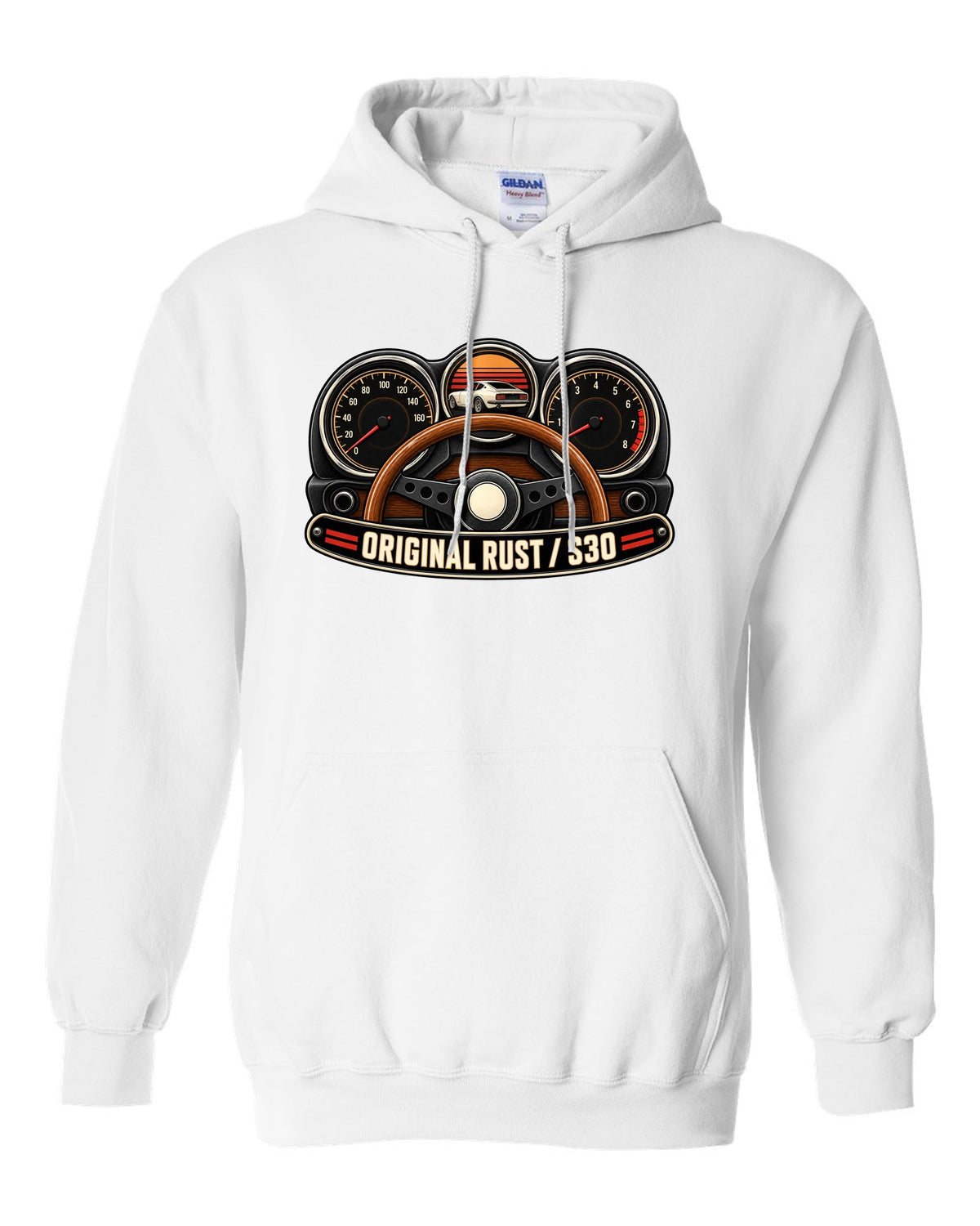 Analog gauge cluster print for the Datsun 240Z S30 reading Original Rust white pull over hoodie front view with the design