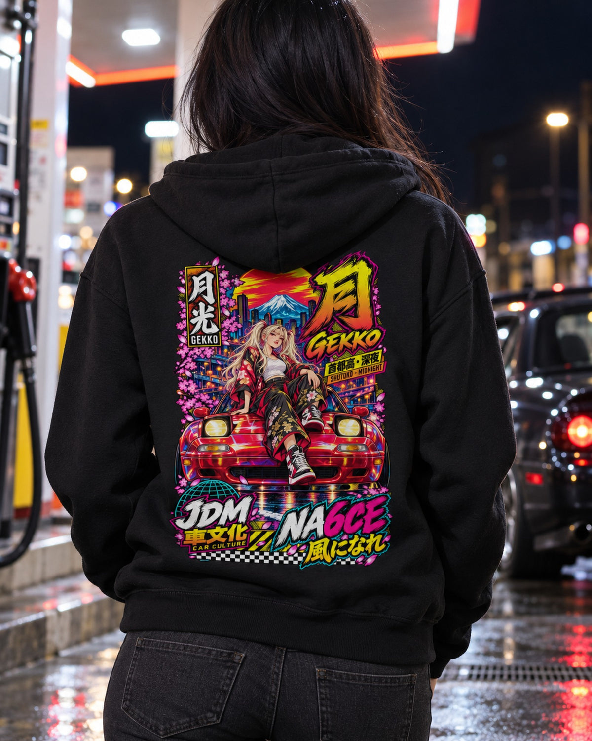GEKKO NA6CE Anime Girl Full-Back Graphic Tee Zip Hoodie Black worn hero