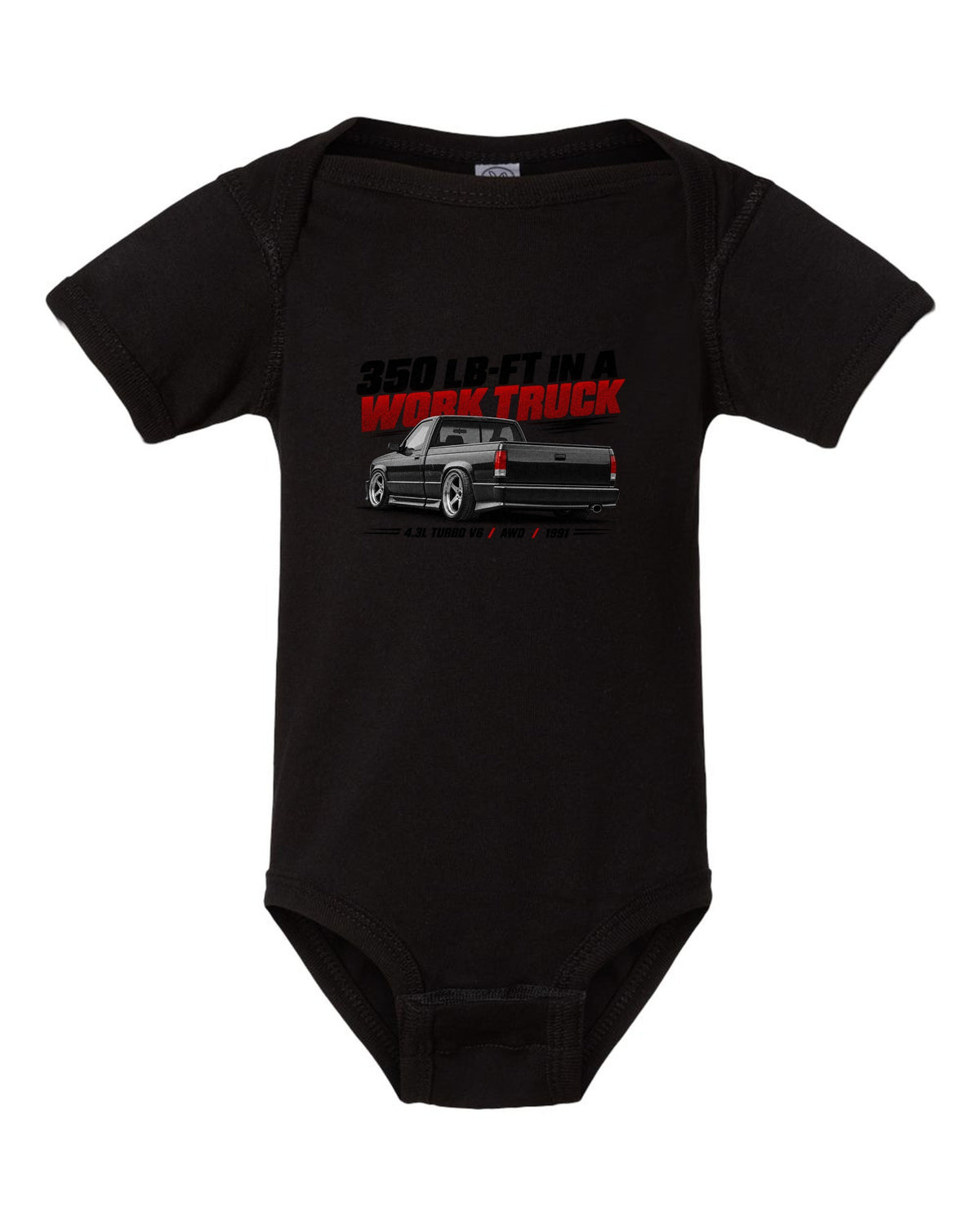 Halftone print of a 1991 GMC Syclone in a low rear three-quarter view black baby onesie front view with the design