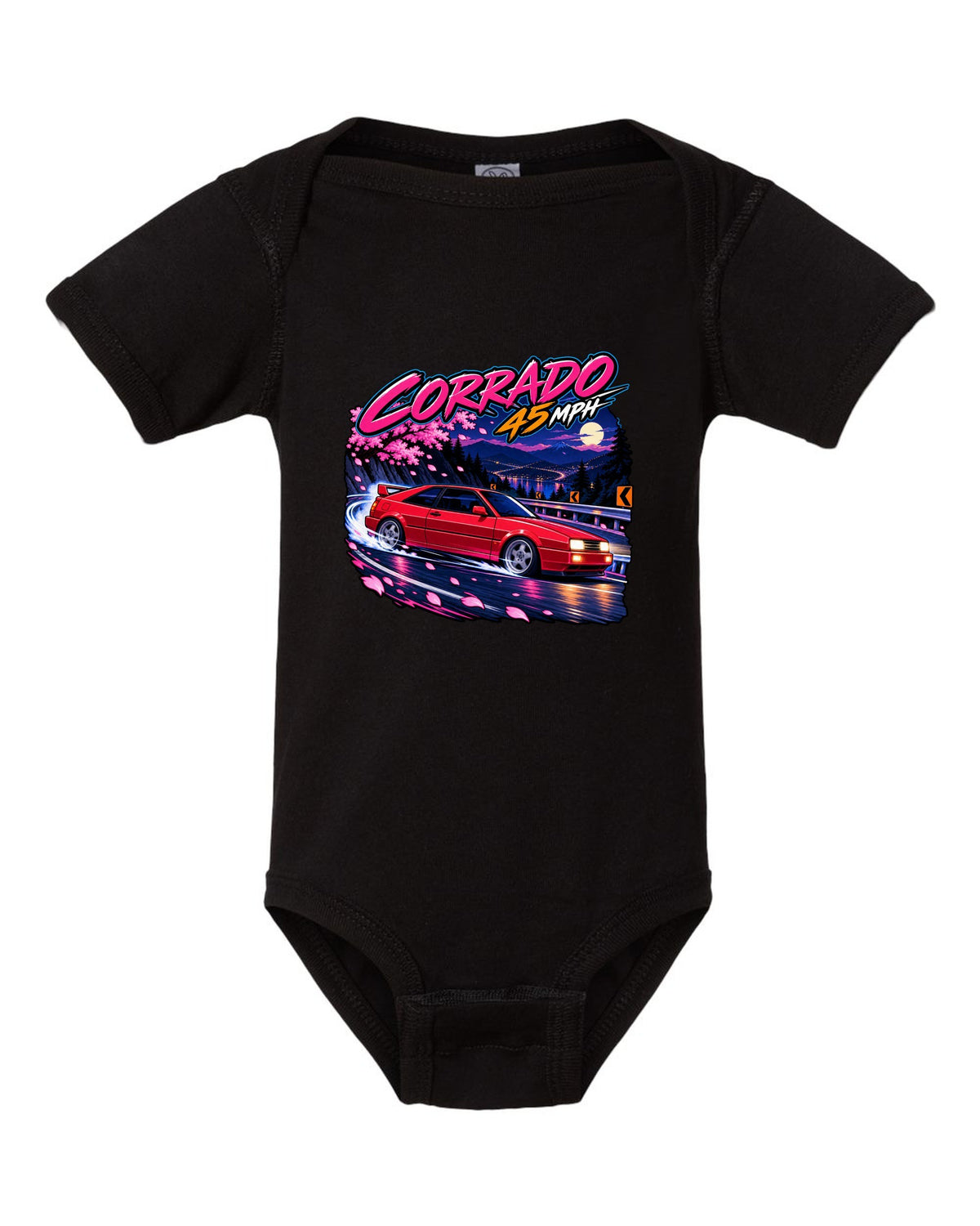 Cel-shaded anime night touge hairpin scene of a VW Corrado VR6 with Corrado 45 mph text black baby onesie front view with the design