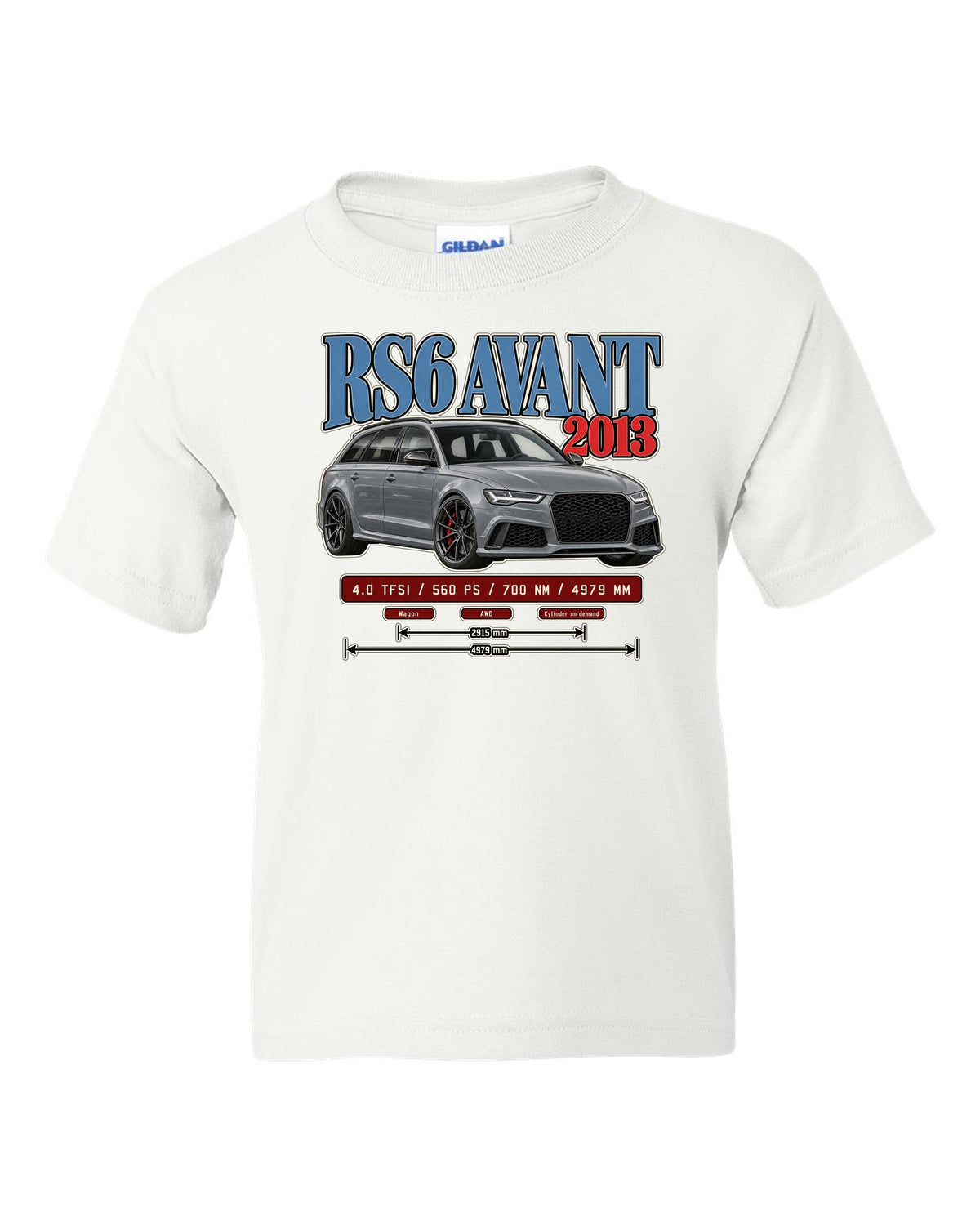 Audi RS6 Avant C7 2013 archive panel print white kids tee front view with the design