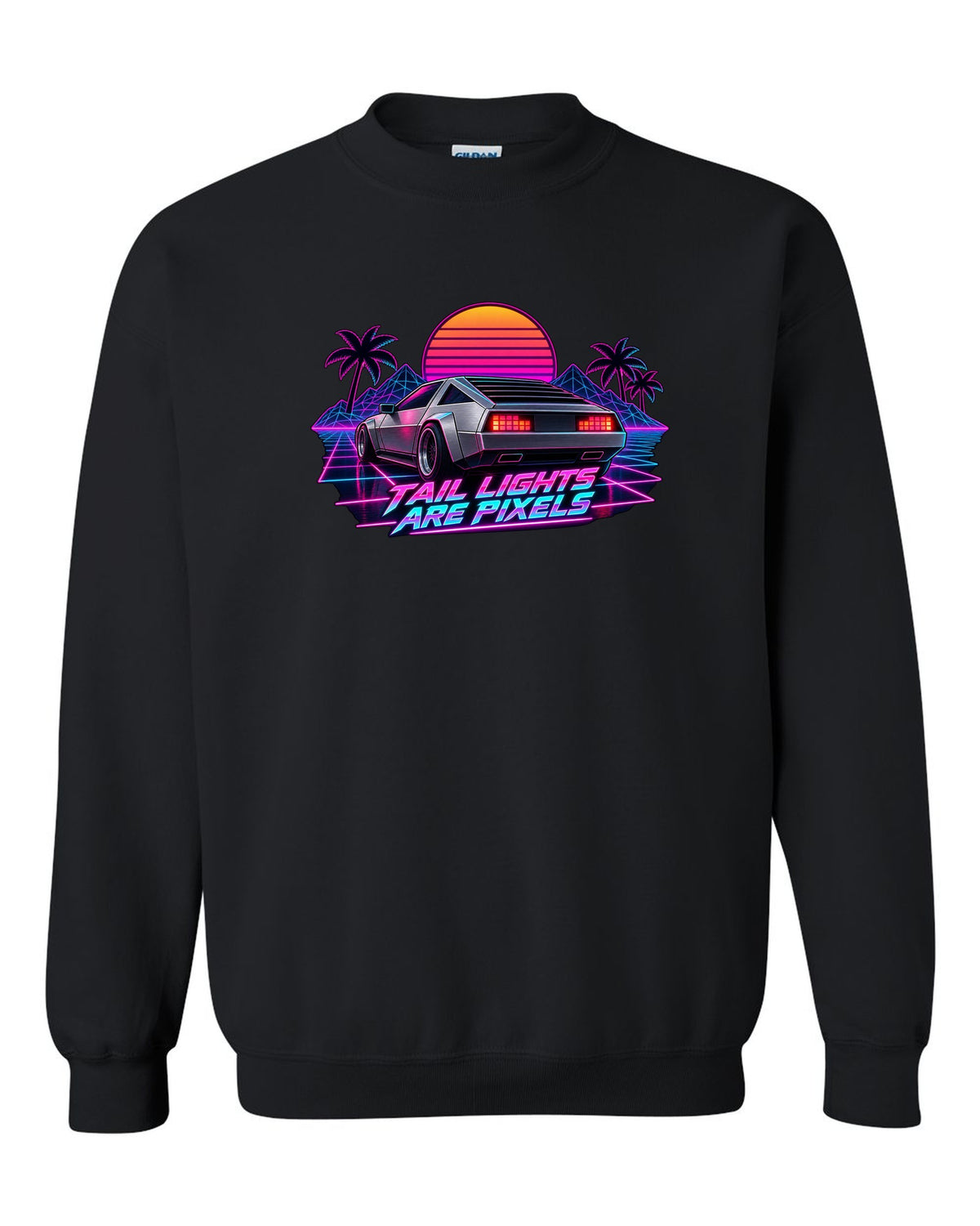 Synthwave outrun print of the Hyundai N Vision 74 concept with pixel tail lights text black crewneck front view with the design