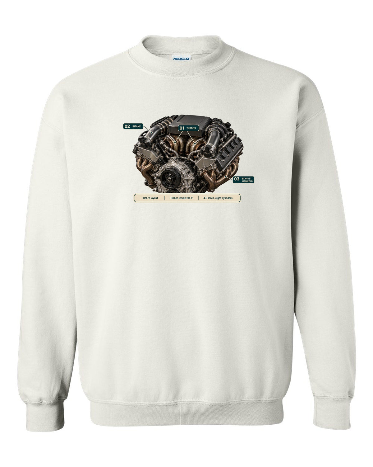 Engine hero print of the Mercedes-AMG M177 4.0 V8 from the G63 white crewneck front view with the design