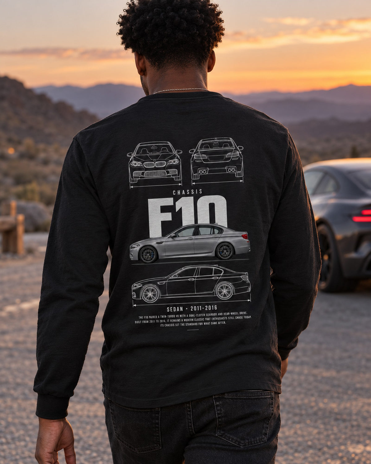 BMW F10 M5 sedan Blueprint Full-Back Graphic Tee, F10 Chassis Code Long Sleeve Black worn hero