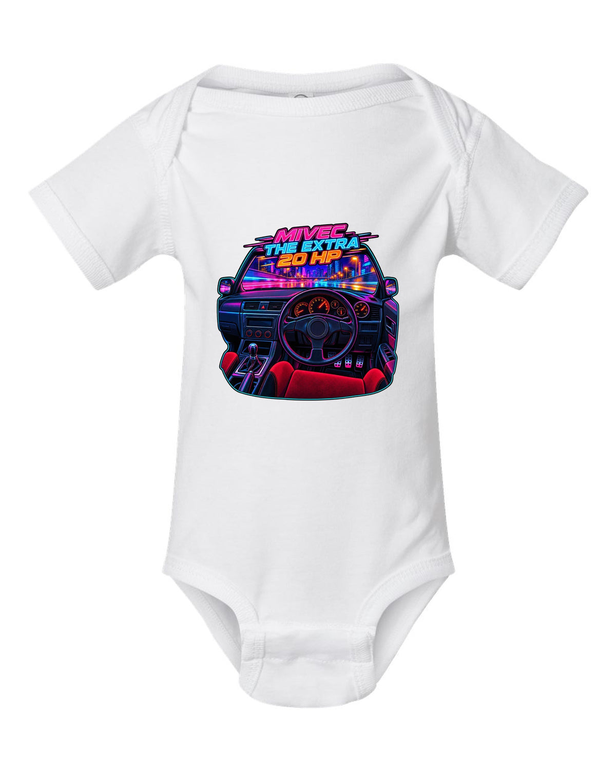 Neon cyberpunk gauge cluster cockpit of a Mitsubishi Lancer Evolution IX MR white baby onesie front view with the design