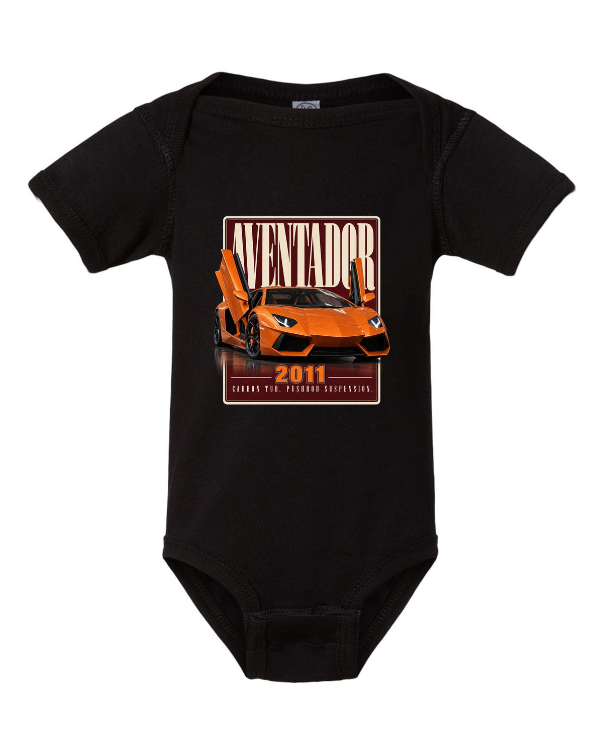 Editorial headline print of the Lamborghini Aventador LP700-4 black baby onesie front view with the design