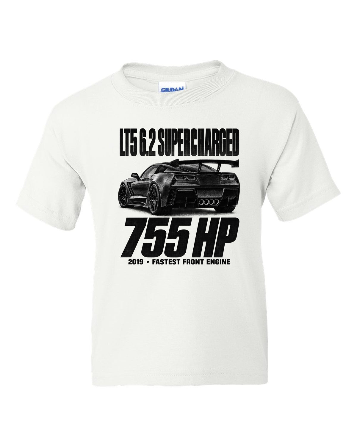 Corvette C7 ZR1 2019 halftone print with rear wing and vents white kids tee front view with the design