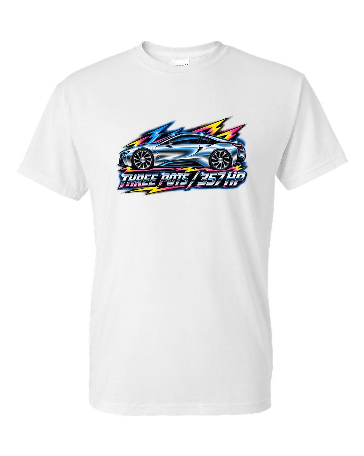 BMW i8 I12 80s airbrush chrome print with three pots 357 HP text white t-shirt front view with the design
