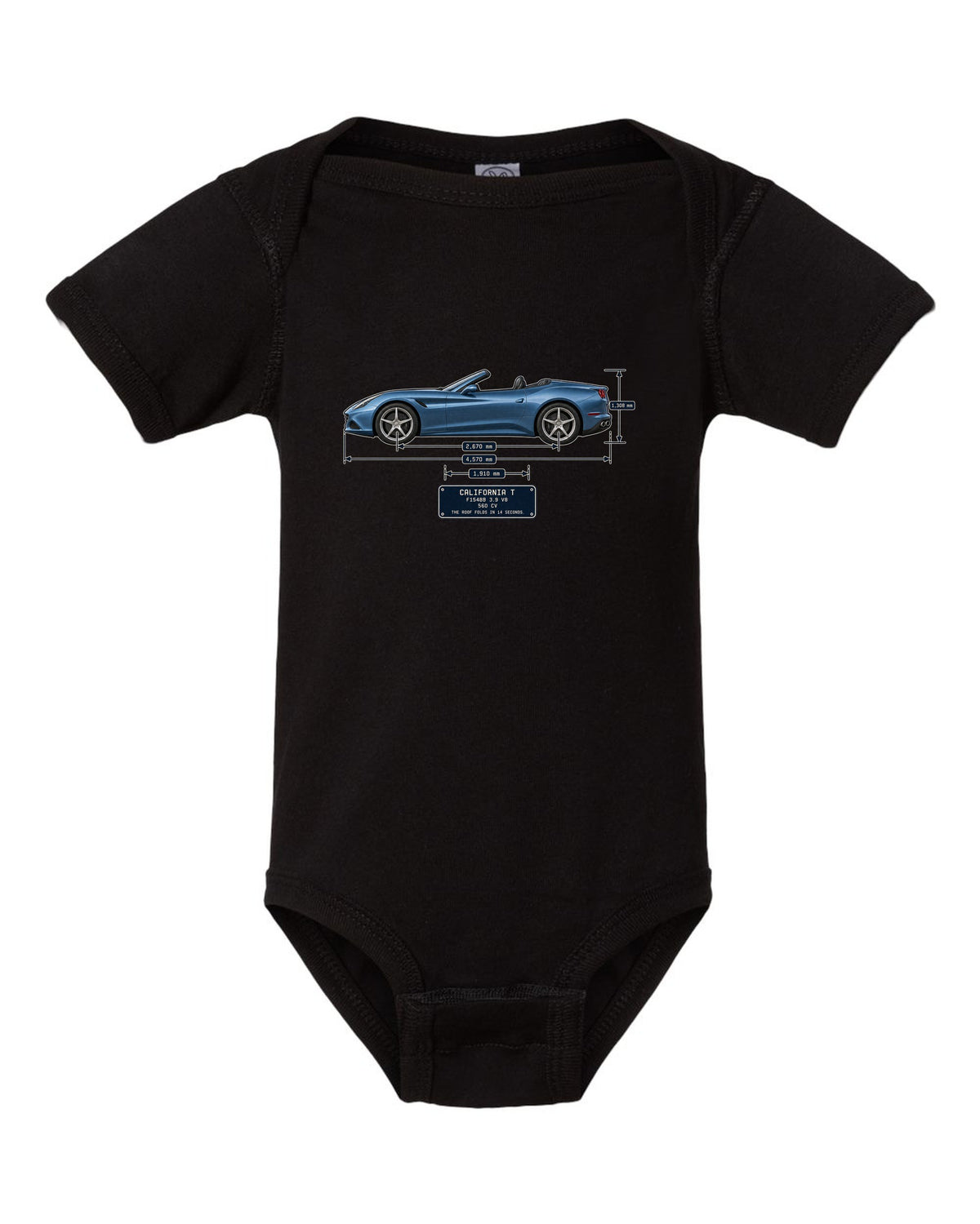 Dimension blueprint print of the Ferrari California T with roof folded black baby onesie front view with the design