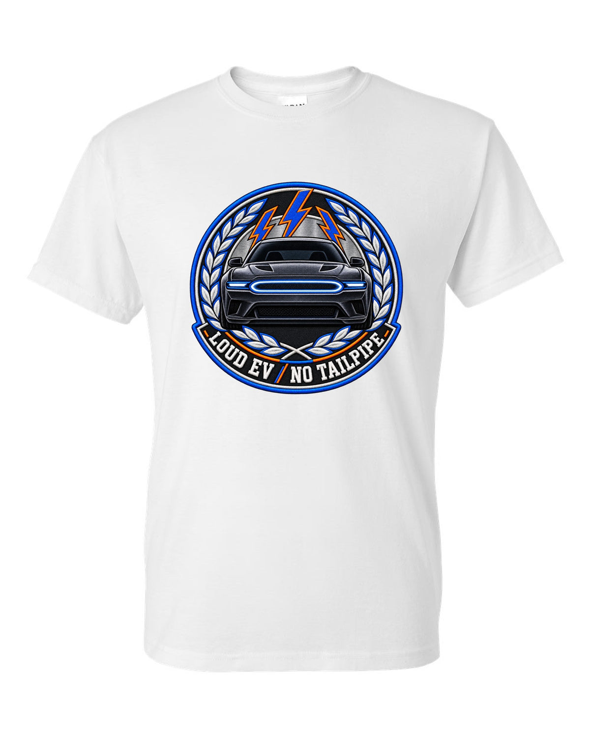 Embroidery-style varsity crest for the 2024 Dodge Charger Daytona EV with loud EV no tailpipe text white t-shirt front view with the design