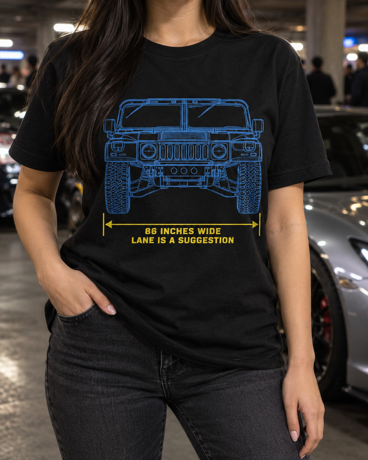 Hummer H1 M998 Lineage Width Blueprint Shirt, 86 Inches Wide T-Shirt Black worn hero