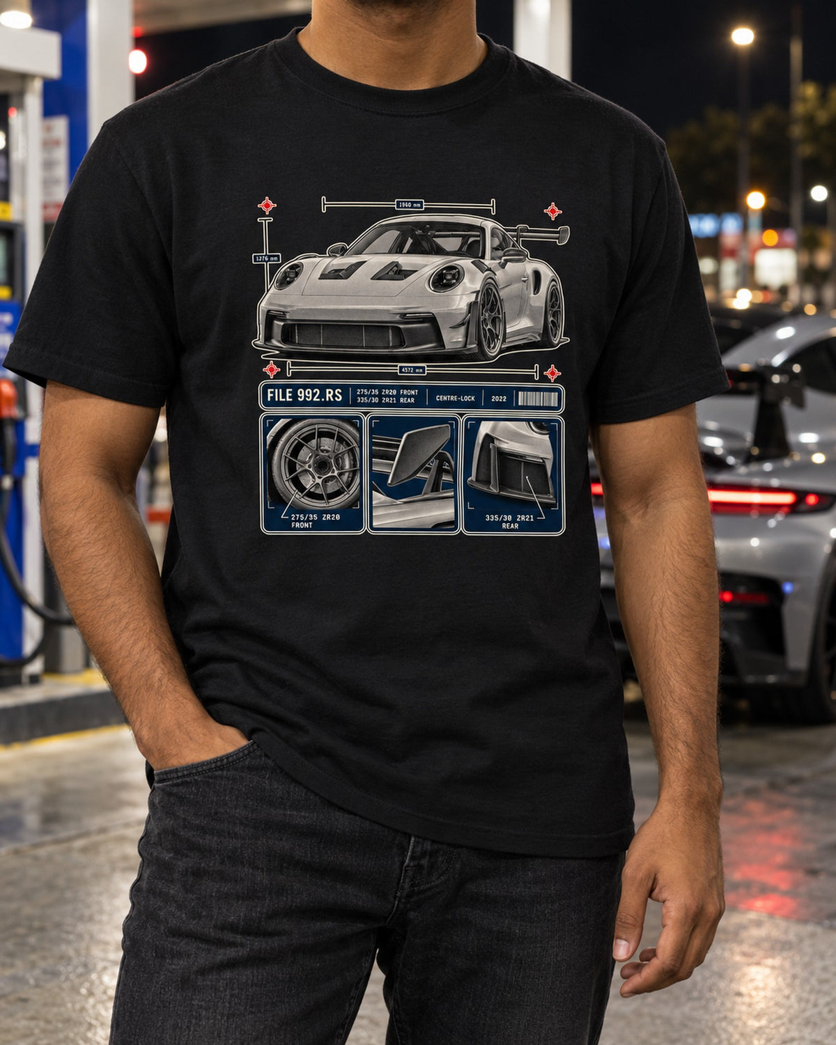 Porsche 992 GT3 RS Dossier Panels Shirt, Centre-Lock Car Tee T-Shirt Black worn hero