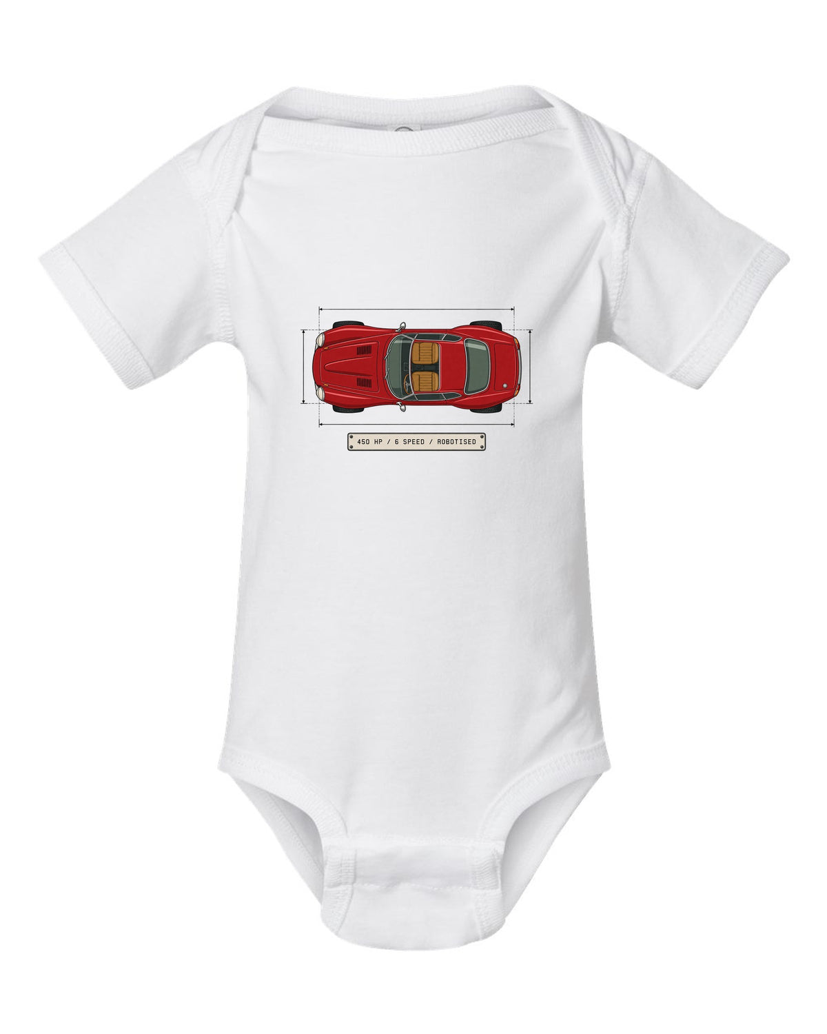 Spec sheet data plate for an Alfa Romeo 8C Competizione with 450 HP 6 speed robotised white baby onesie front view with the design