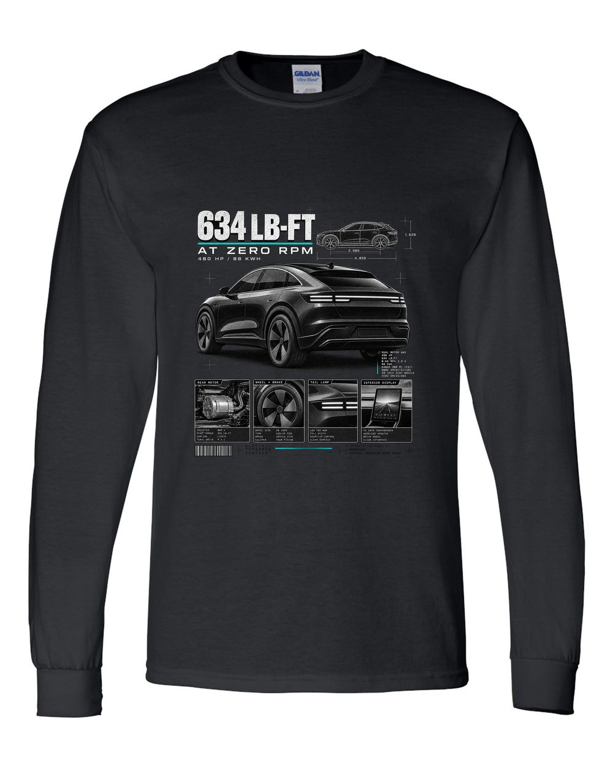 Ford Mustang Mach-E GT CX727 dossier panel print with 634 lb-ft at zero rpm black long sleeve front view with the design