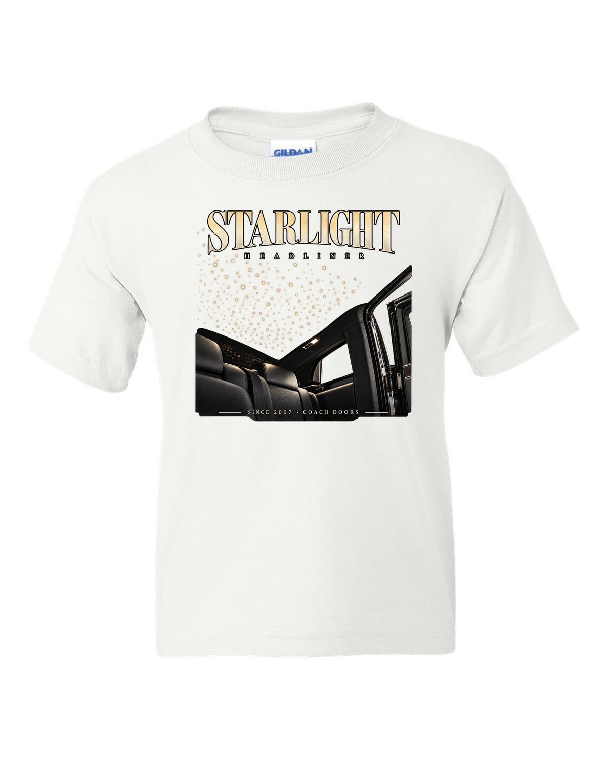 Rolls-Royce Phantom VIII starlight headliner macro white kids tee front view with the design