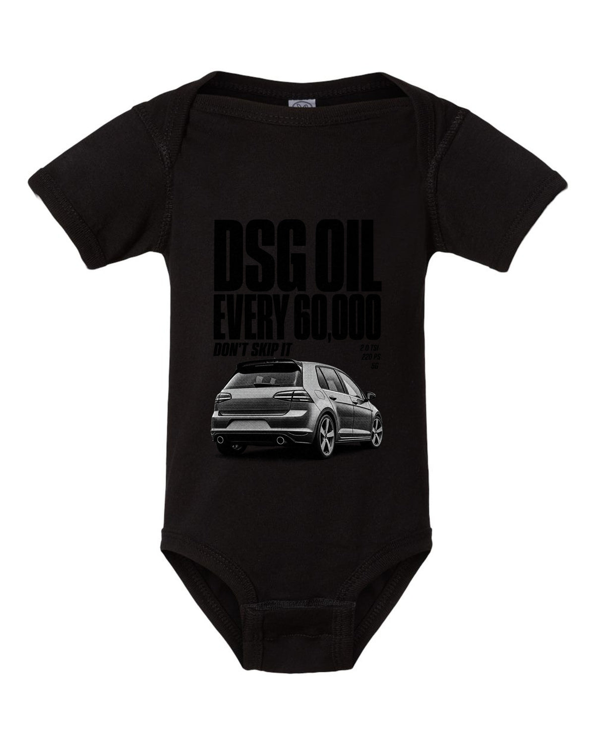 Halftone print of a VW Golf Mk7 GTI rear three-quarter with DSG oil service reminder text black baby onesie front view with the design