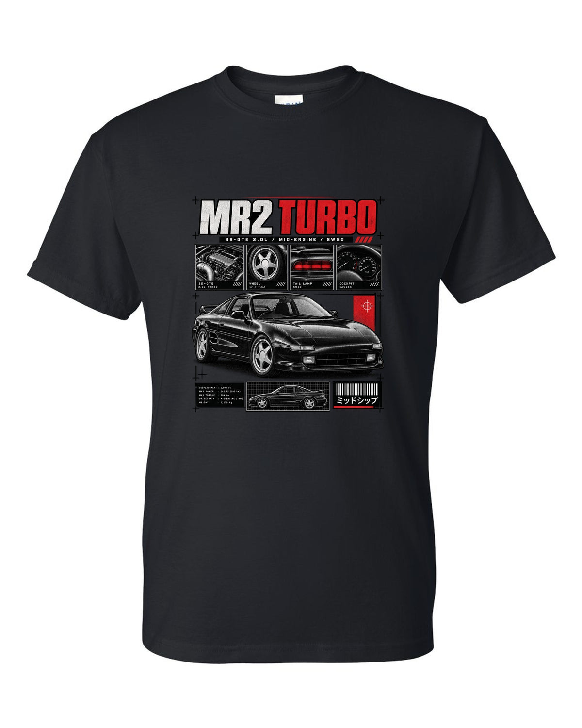 print of a Toyota MR2 SW20 Turbo in dossier panels with 3S-GTE 2.0L and mid-engine text black t-shirt front view with the design