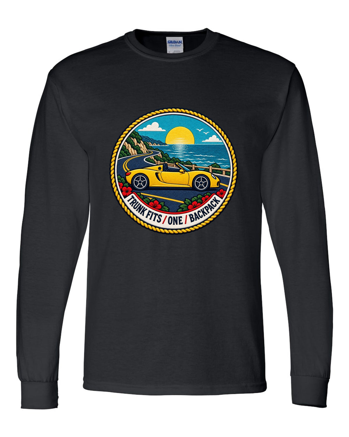 Varsity crest design for the Toyota MR2 W30 MR-S open roadster black long sleeve front view with the design