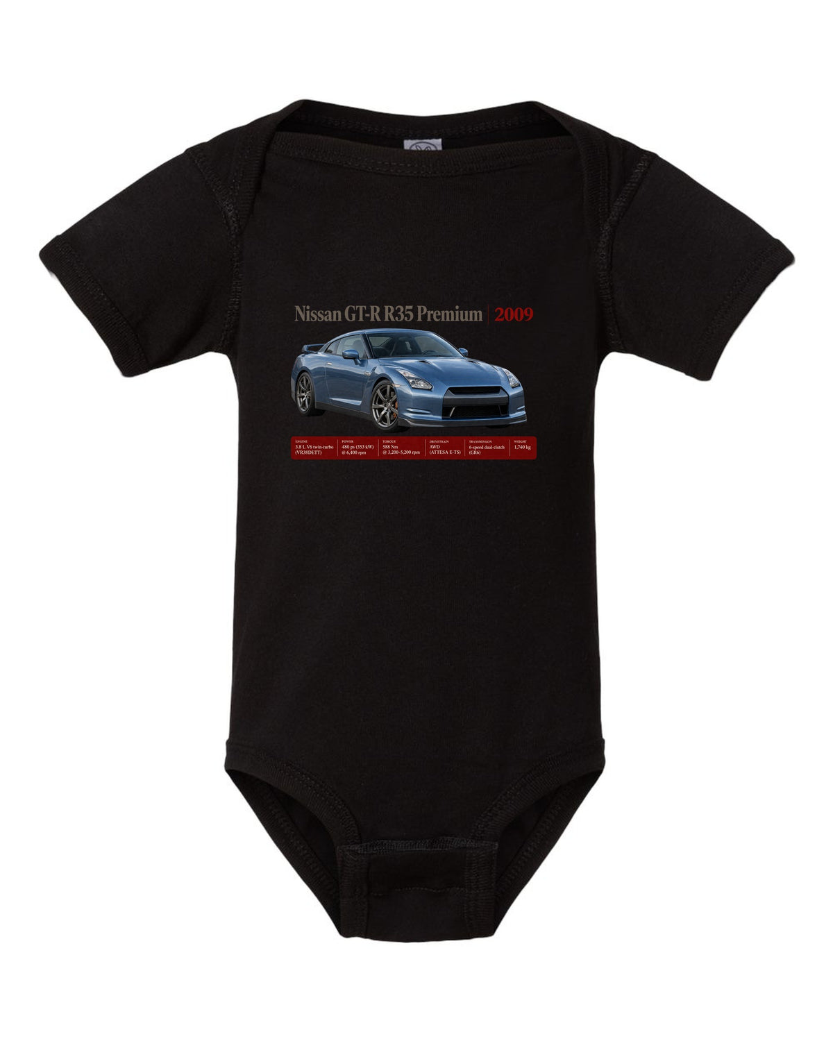 Nissan GT-R R35 2009 Premium archive panel poster black baby onesie front view with the design