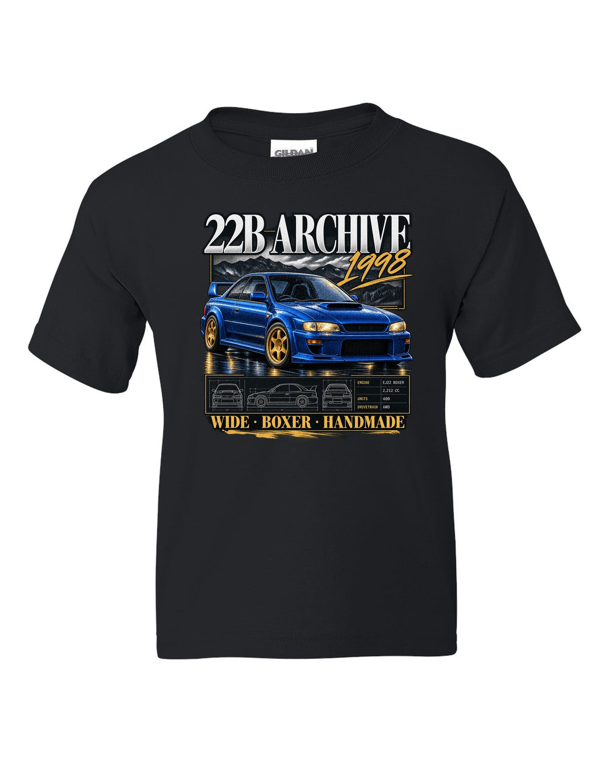 Archive panel print of a Subaru Impreza 22B STi GC8 with 400 built lettering black kids tee front view with the design