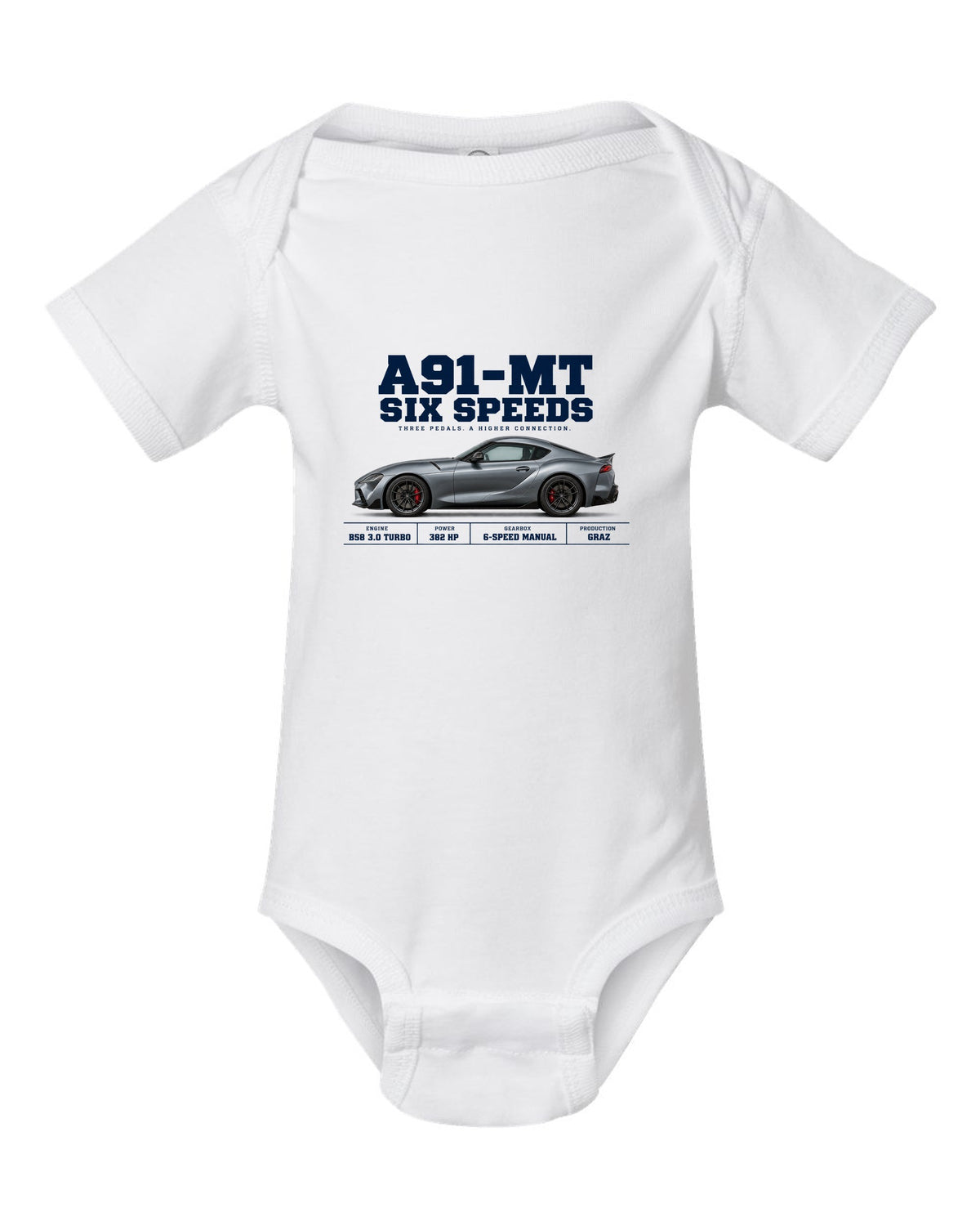 Signal red Toyota GR Supra A91-MT shown in three views with spec table white baby onesie front view with the design