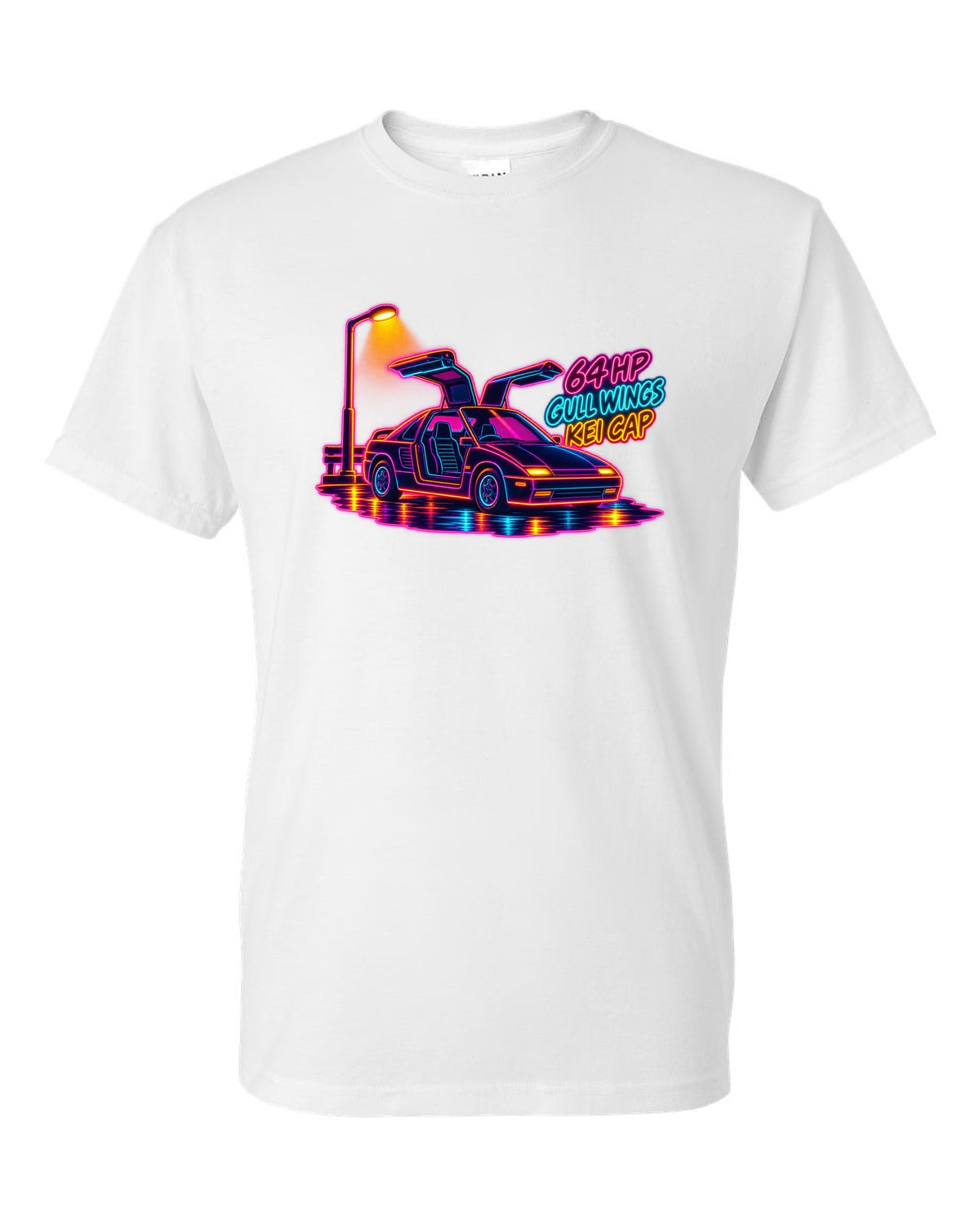 Neon synthwave line art print of an Autozam AZ-1 PG6SA with 64 HP gull wings kei cap lettering white t-shirt front view with the design