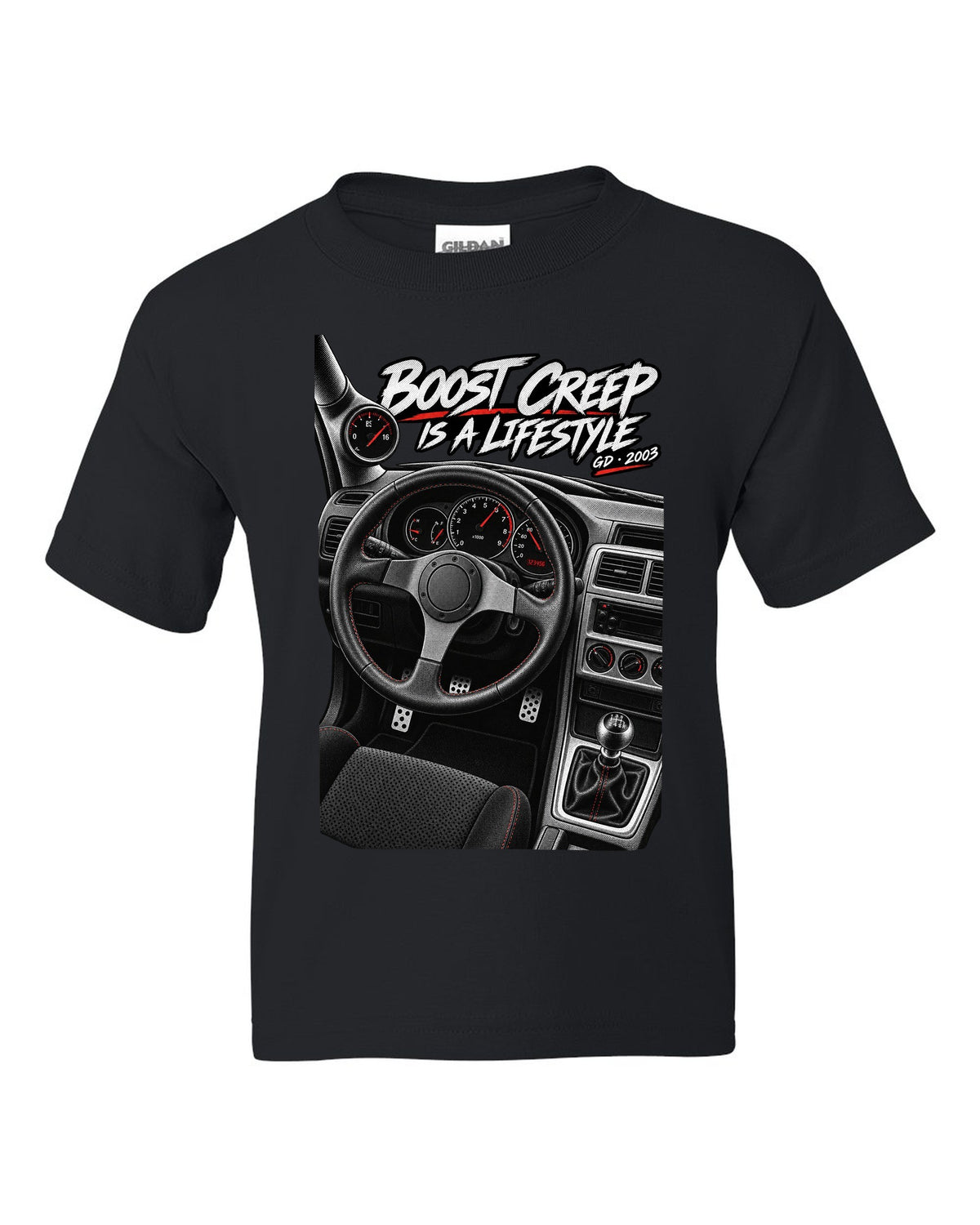 Boost gauge cockpit print for a Subaru Impreza WRX GD Blobeye with boost creep text black kids tee front view with the design