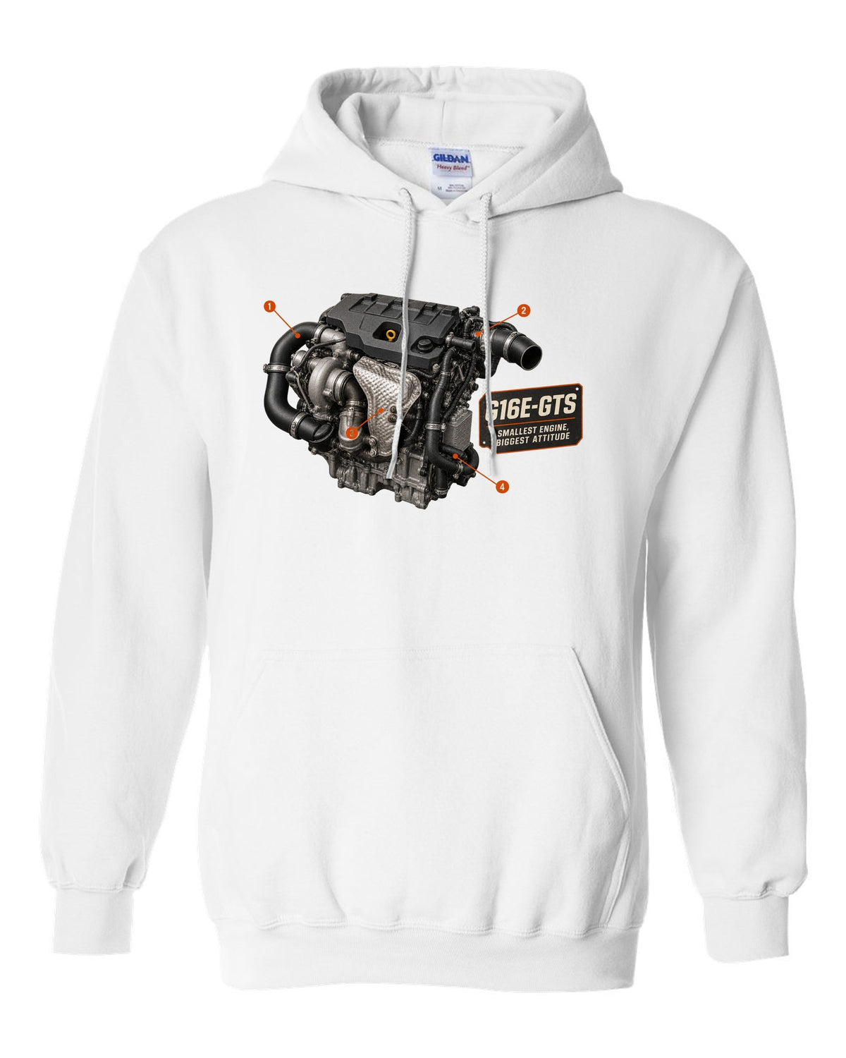 Toyota GR Yaris GR-Four rear three-quarter dossier panel design white pull over hoodie front view with the design