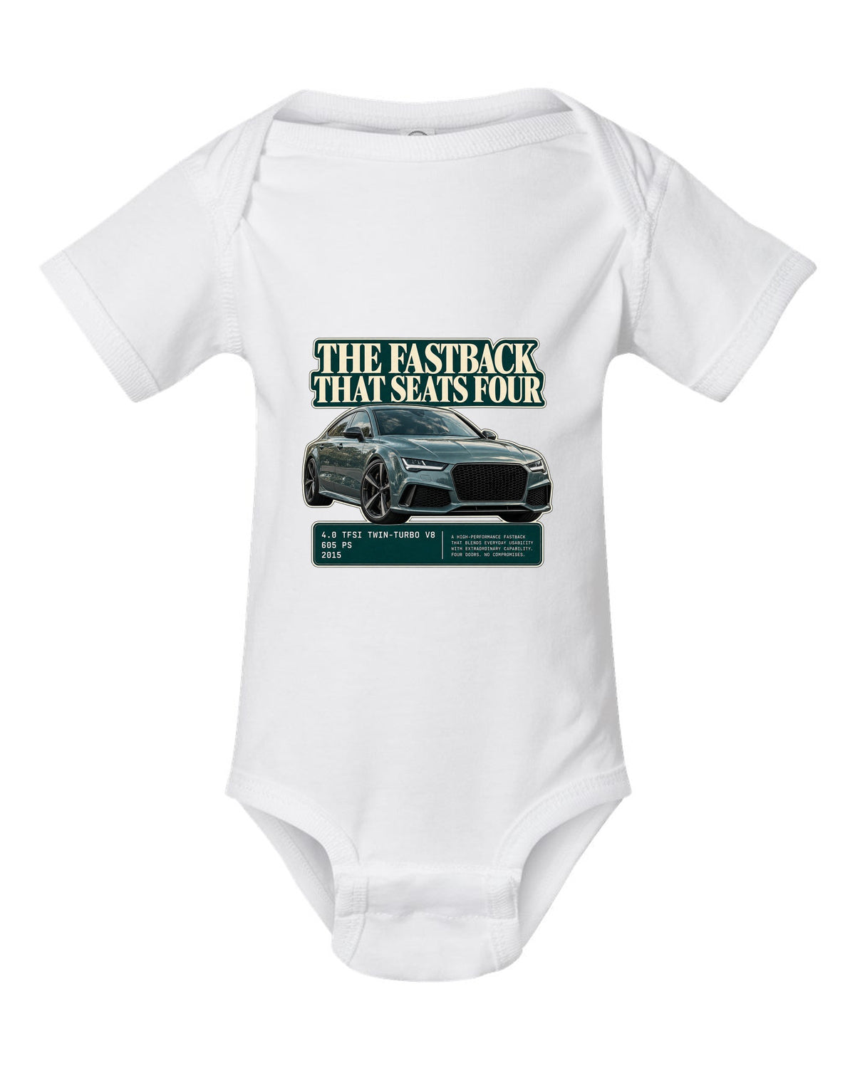 Audi RS7 Sportback C7 editorial headline print on a tee white baby onesie front view with the design