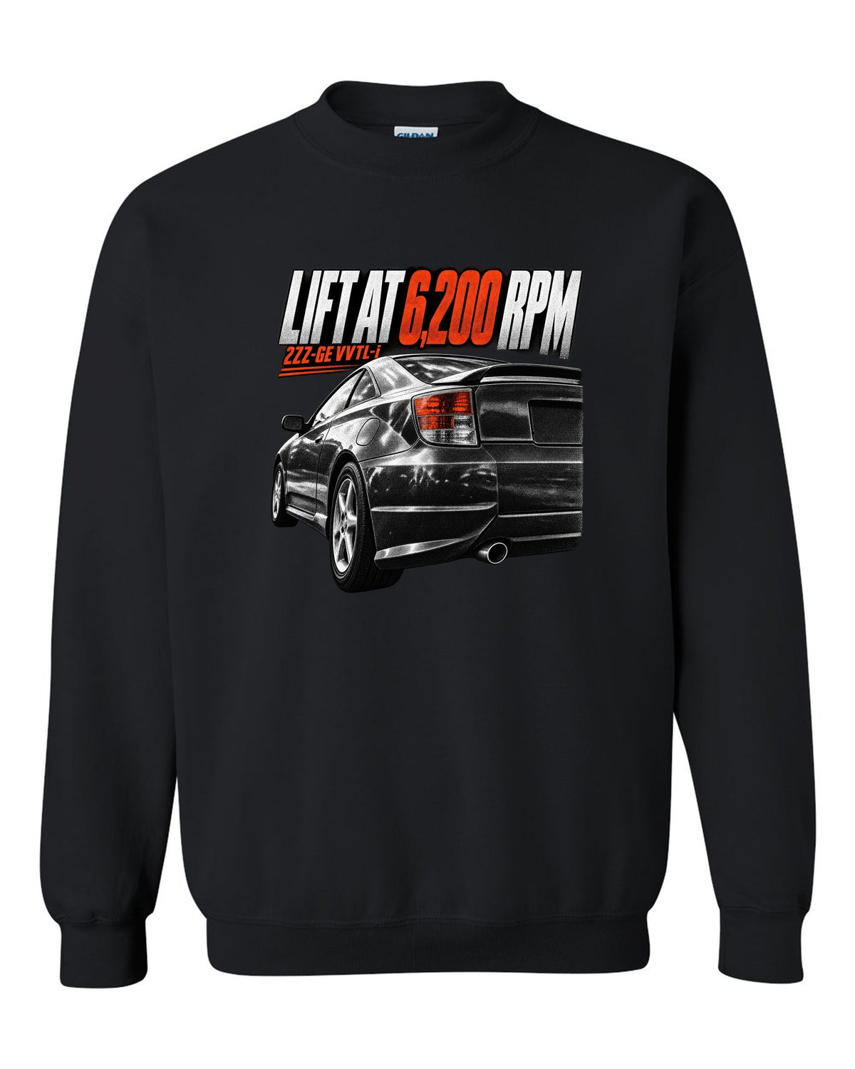 Taillight macro print of a Toyota Celica T230 ZZT231 with Lift At 6,200 RPM and 2ZZ-GE VVTL-i text black crewneck front view with the design